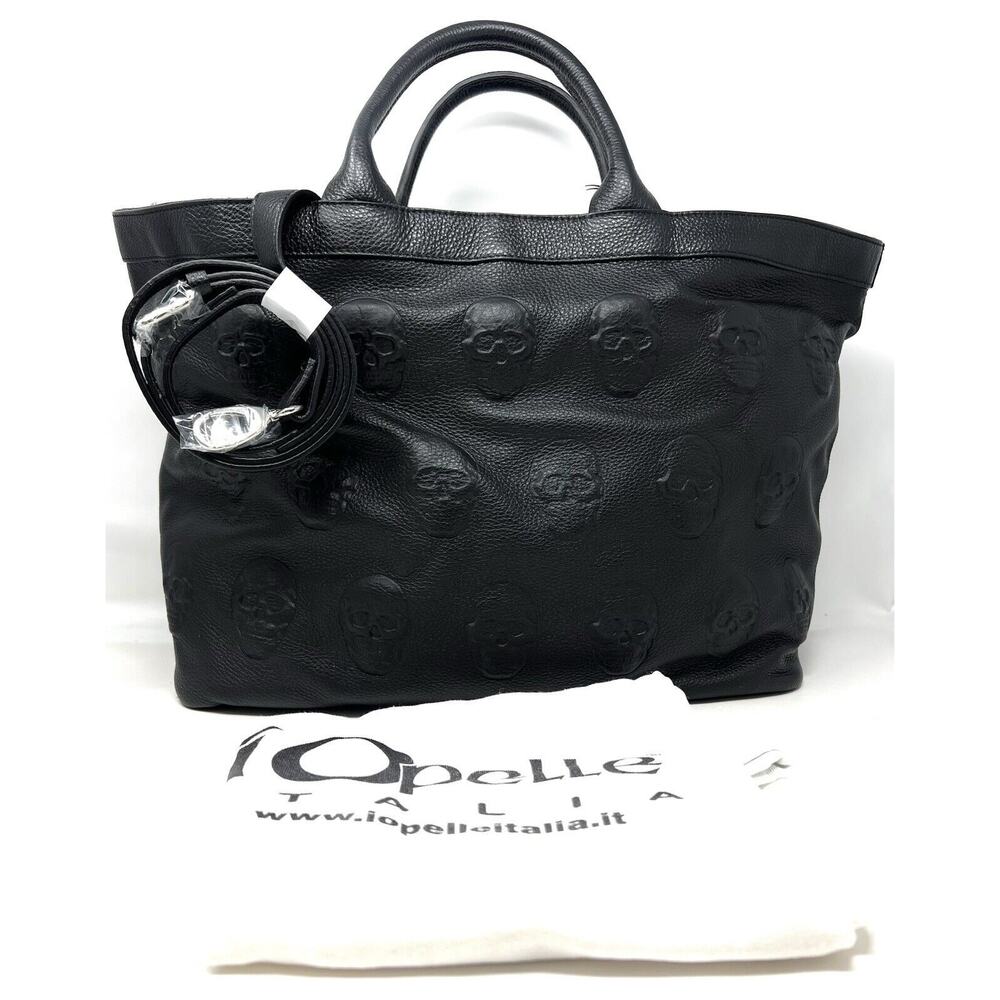 IO PELLE Skull Embossed Blck Leather Tote Bag XL Weekender Crossbody Strp ITALIA